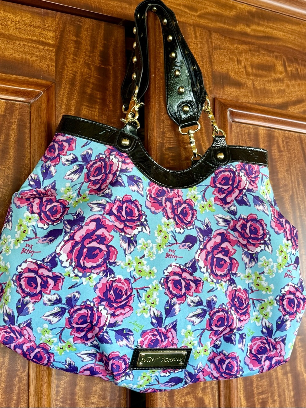 Betsey Johnson Pink and Light Blue Floral Tote with Black Patent Handles